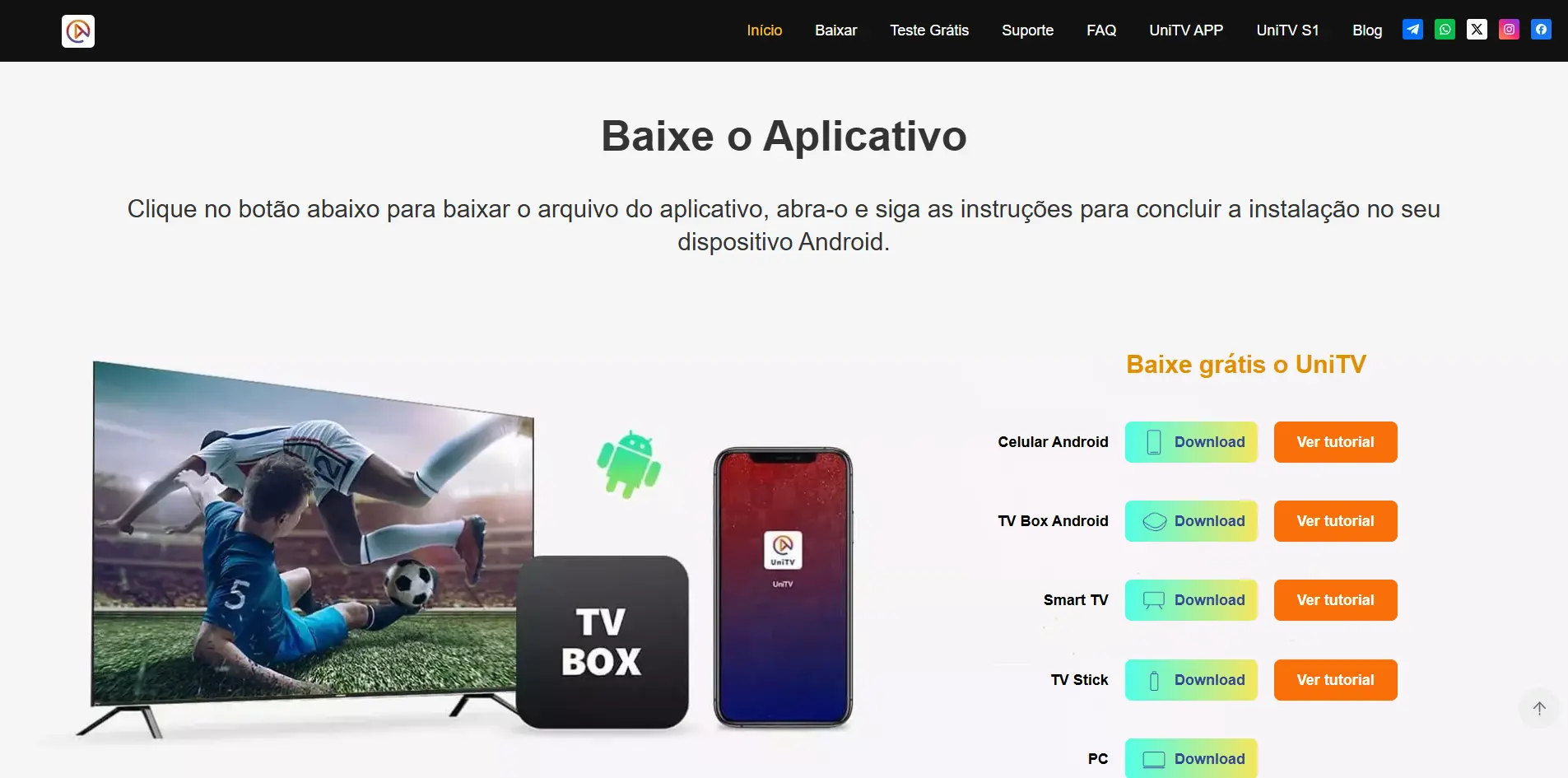 Captura de tela da página de download do UniTV